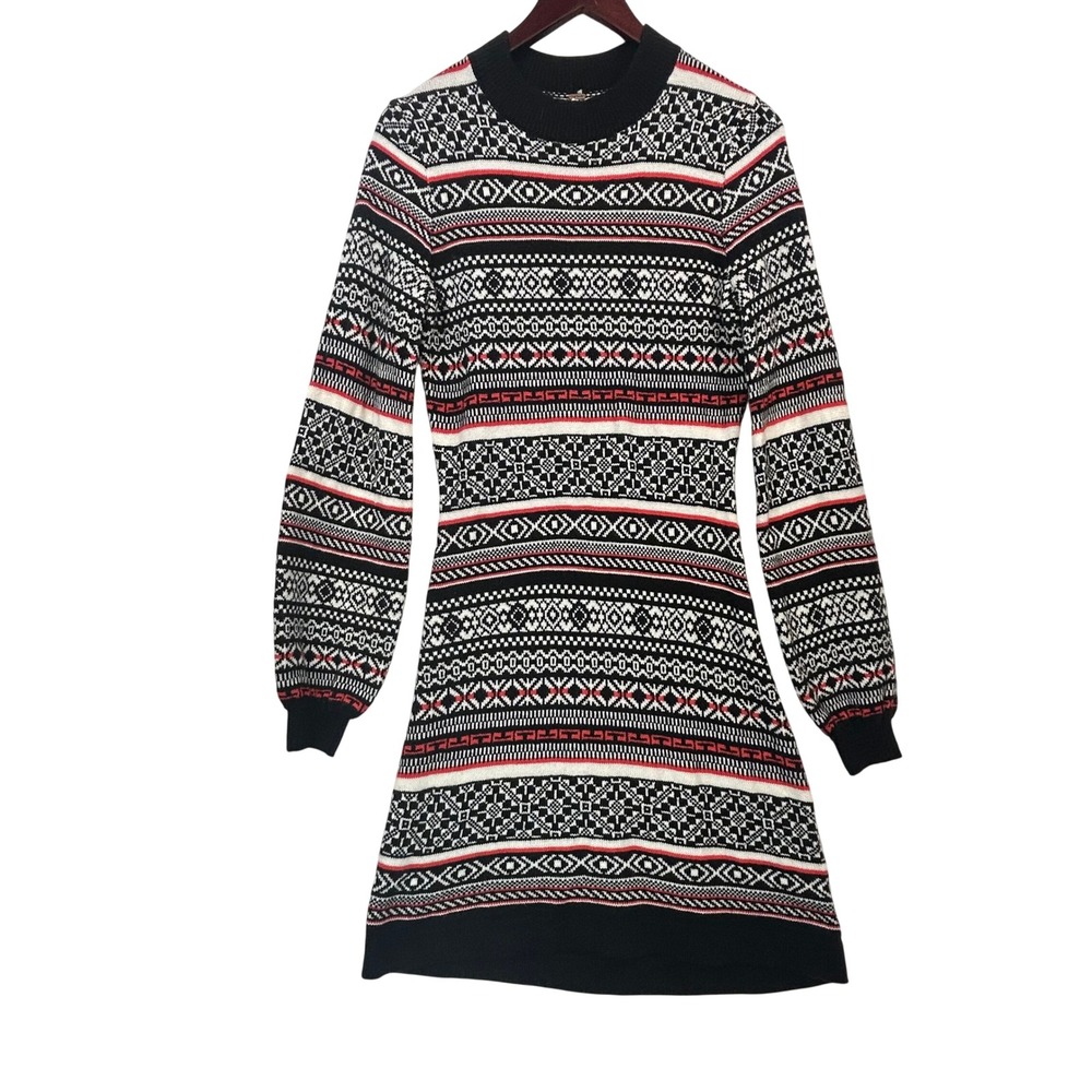 Free People Faero Wool Sweater Mini Dress M Black Red Fair Isle Nordic Holiday